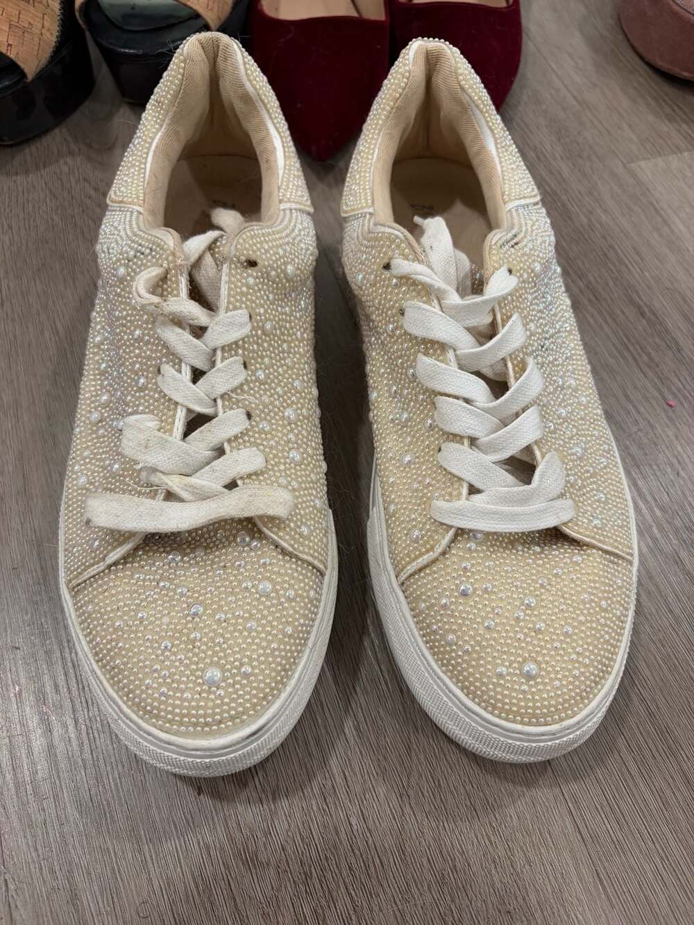 Betsey Johnson Sidny Pearl Embellished Sneakers Cream Ivory